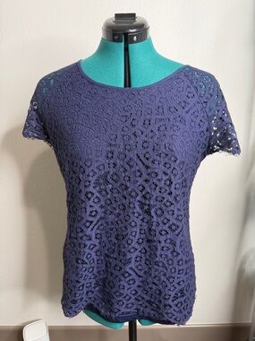 Solitaire navy blue lace sheer short sleeve blouse top
